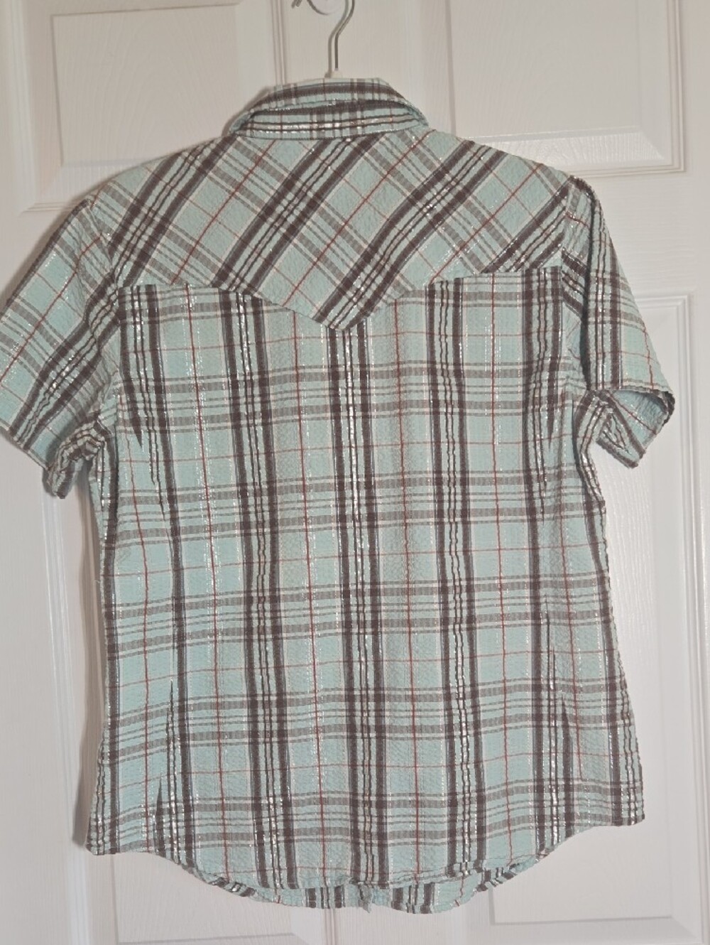 Bit & Bridle Short-Sleeve Plaid Button-Down in Aqua and Brown P2P 21" - Picture 5 of 5